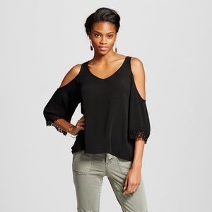 Black Cold Shoulder Top with Lace Hem Sleeves
